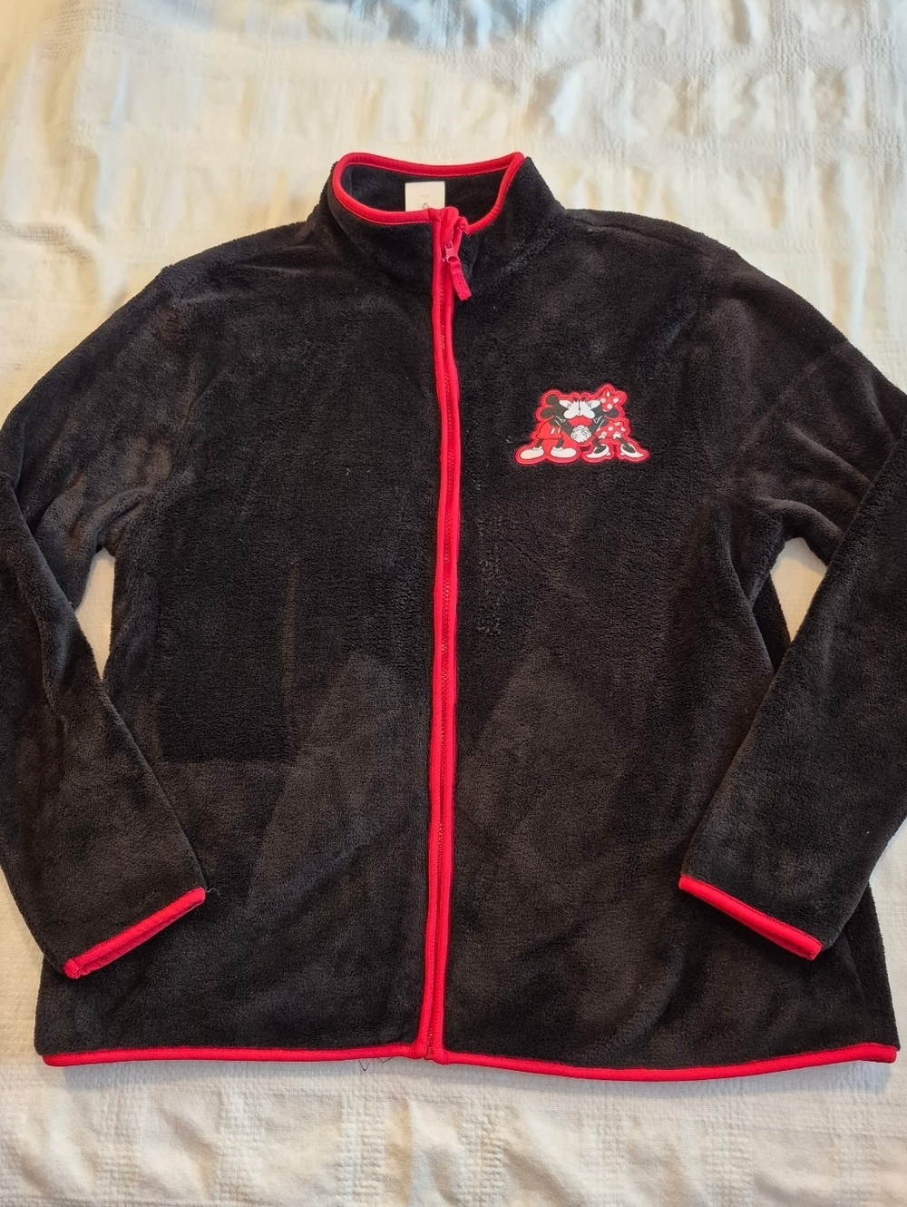 Disney women's XL black fuzzy full zip up sweater red trim sewn logo VGUC